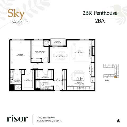 Floor plan for 2 beds, 2 baths, 1628 sqft